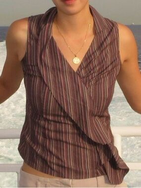 Sleeveless Brown Striped Ruffled Wrap Top